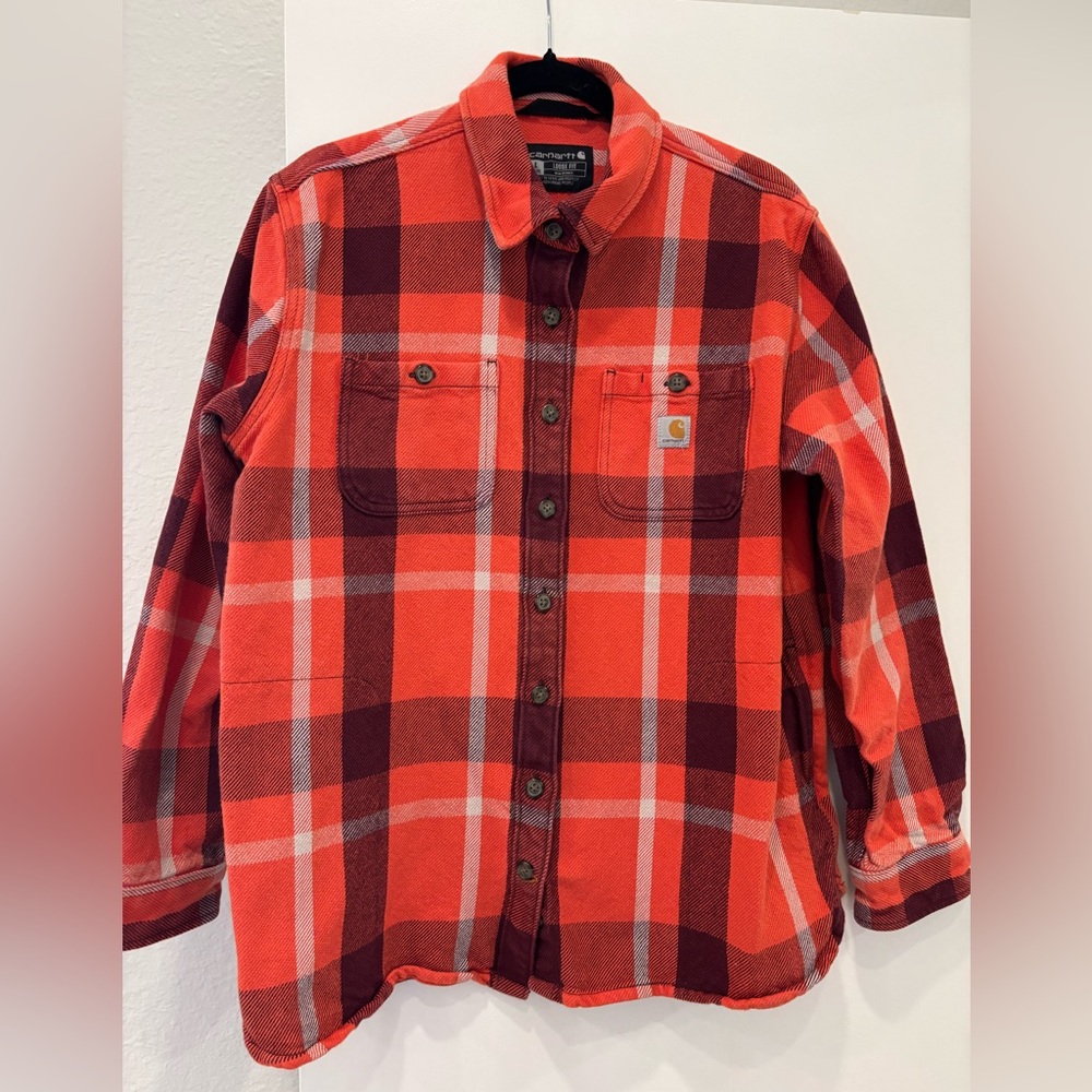 Carhartt loose fit rugged workwear plaid heavyweight button up front pockets